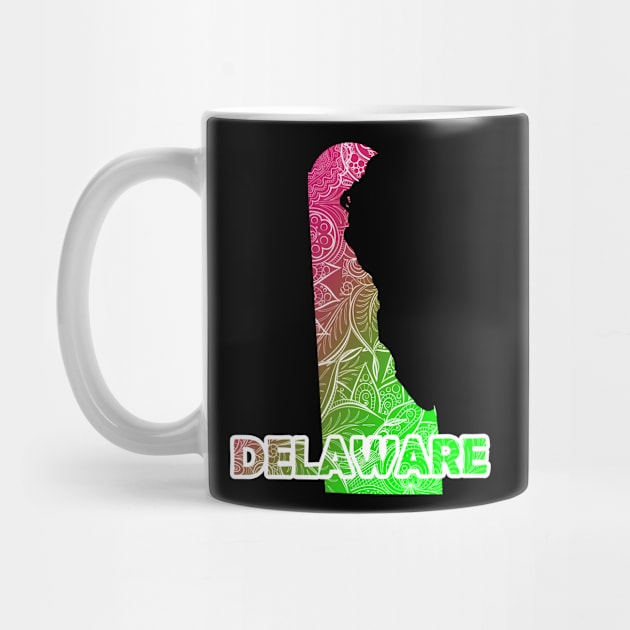 Colorful mandala art map of Delaware with text in pink and green by Happy Citizen